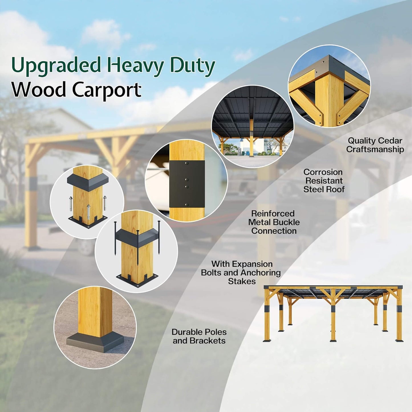 20' x 20' FT Alora Heavy-Duty All-Weather Outdoor Cedar Wood Carport With Galvanized Steel Roof