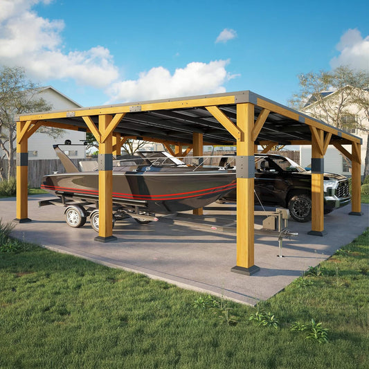 20' x 20' FT Alora Heavy-Duty All-Weather Outdoor Cedar Wood Carport With Galvanized Steel Roof