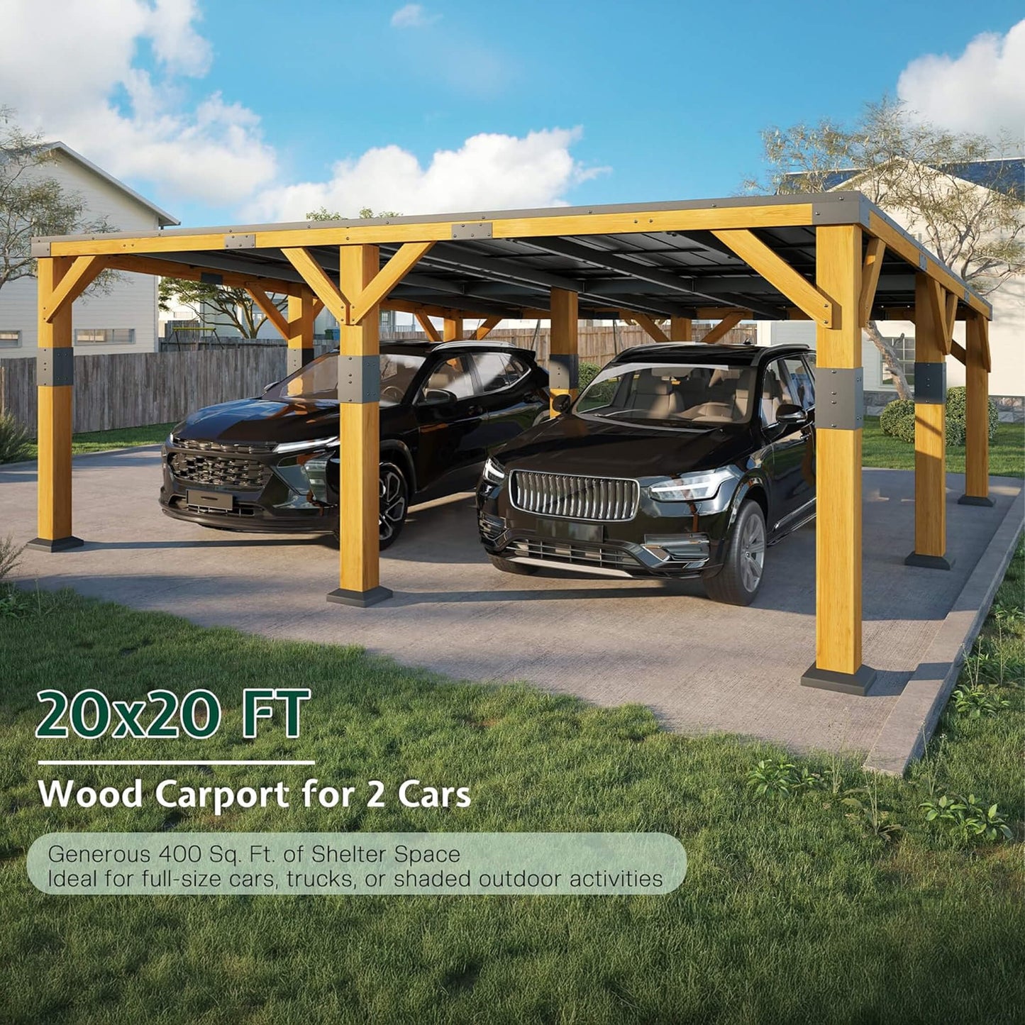20' x 20' FT Alora Heavy-Duty All-Weather Outdoor Cedar Wood Carport With Galvanized Steel Roof