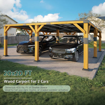 20' x 20' FT Alora Heavy-Duty All-Weather Outdoor Cedar Wood Carport With Galvanized Steel Roof