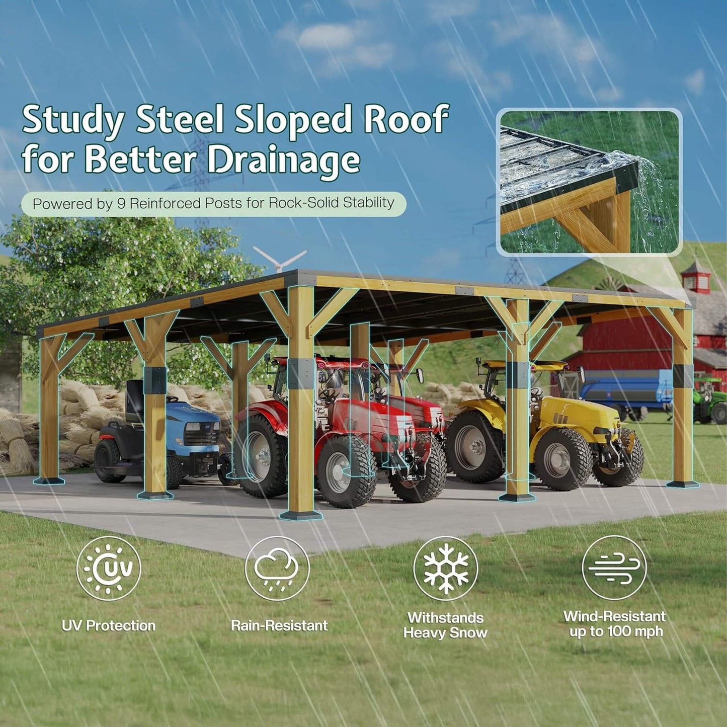 20' x 20' FT Alora Heavy-Duty All-Weather Outdoor Cedar Wood Carport With Galvanized Steel Roof