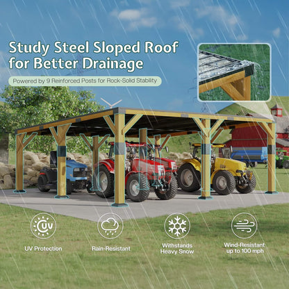 20' x 20' FT Alora Heavy-Duty All-Weather Outdoor Cedar Wood Carport With Galvanized Steel Roof