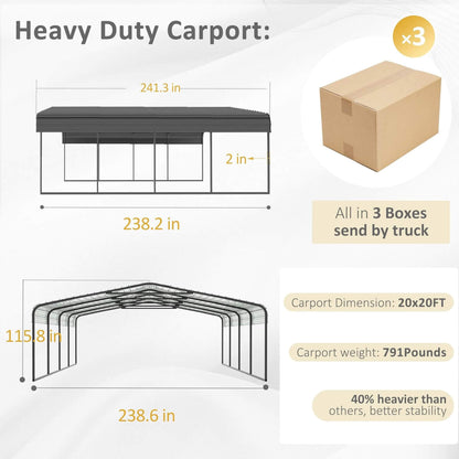 20' x 20' FT Alora Heavy Duty Extra Large 2 Car Metal Carport Kit