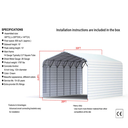 20FT x 30FT Heavy-Duty Outdoor Galvanized Steel Carport