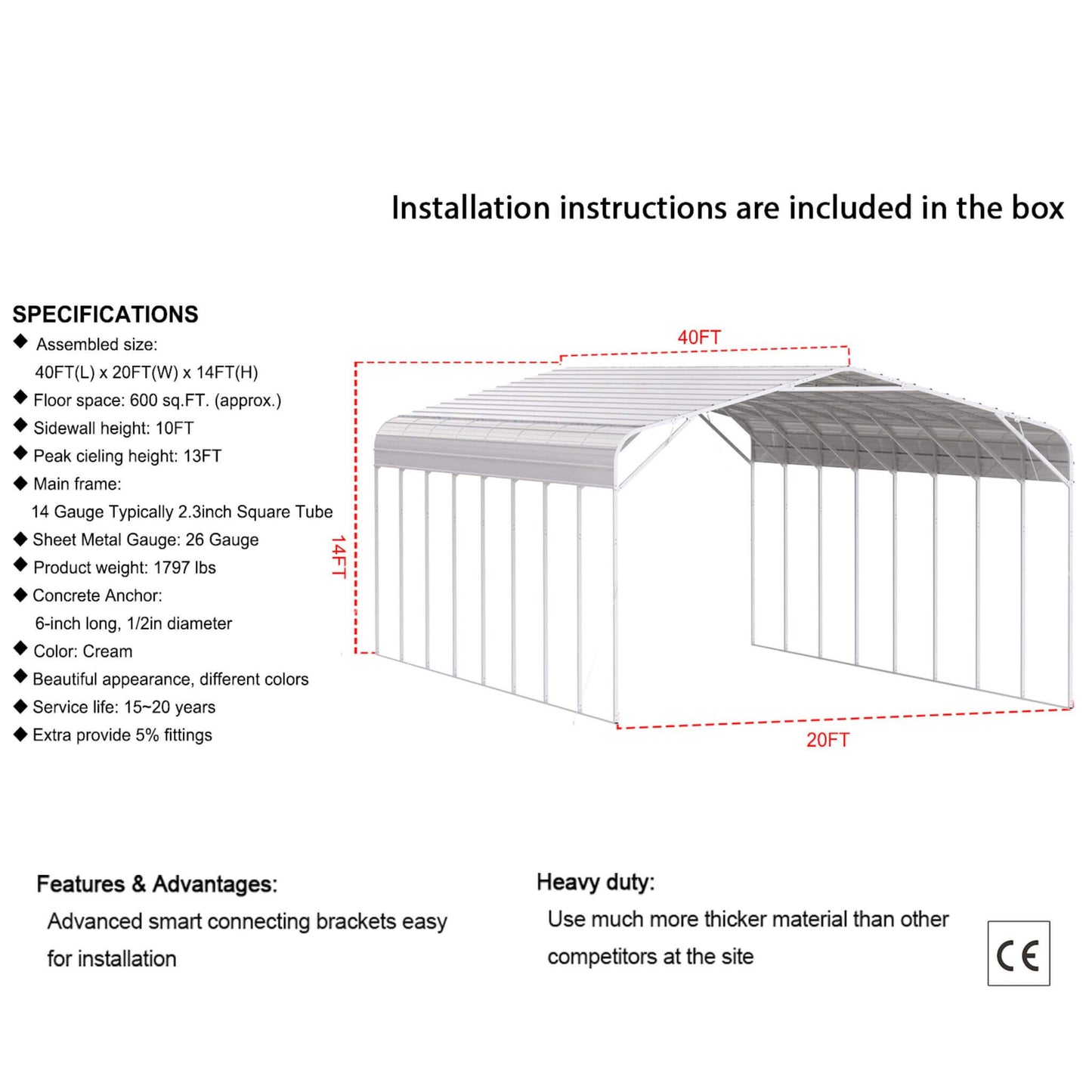 20FT x 40FT Alora Heavy-Duty Outdoor High-Clearance Metal Carport