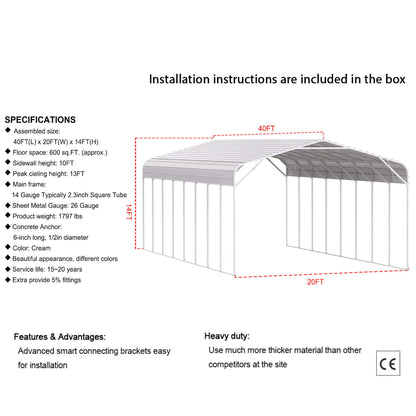 20FT x 40FT Alora Heavy-Duty Outdoor High-Clearance Metal Carport