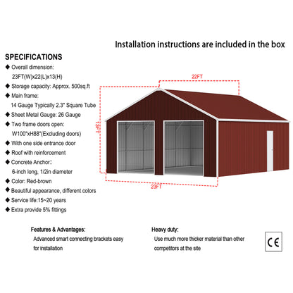 22' x 23' FT Heavy-Duty Red-Brown Double Garage Steel Barn Storage Shed