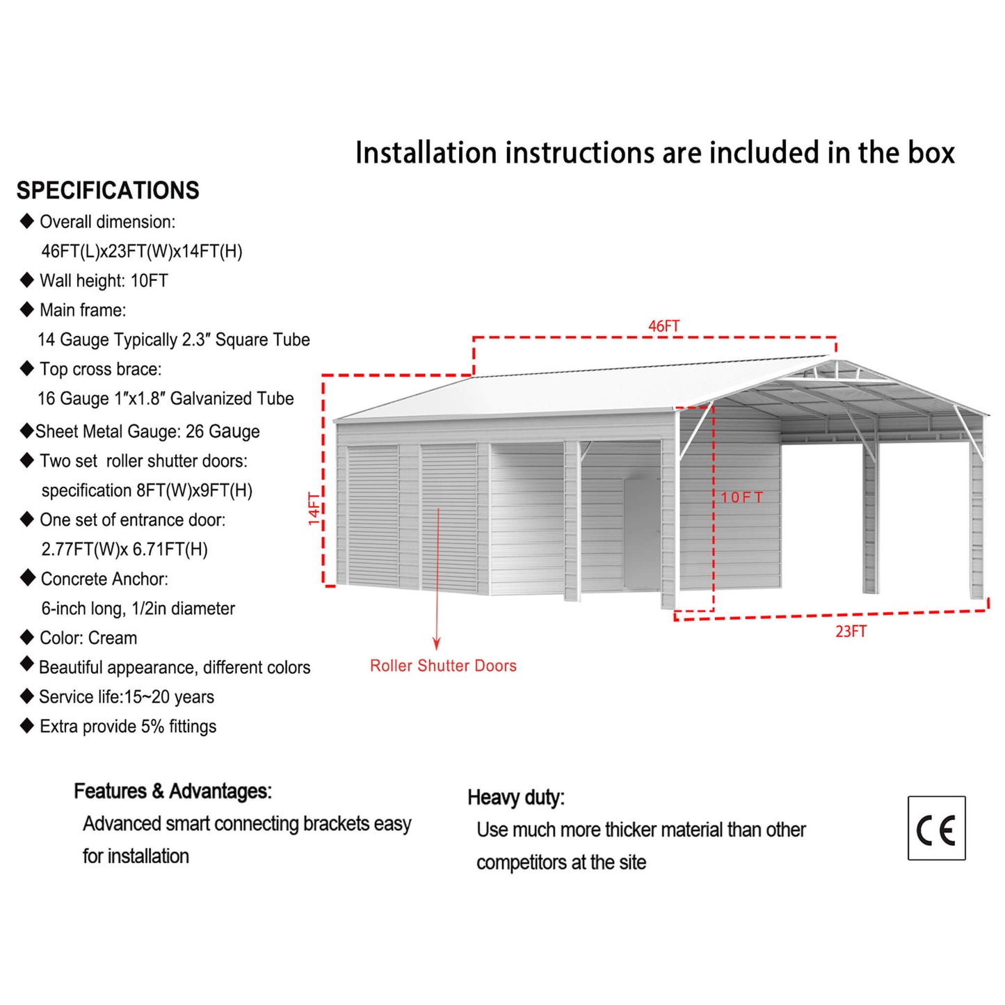 23' x 46' FT Heavy-Duty Steel Garage Storage Shed with Reinforced Roof and 2 Doors