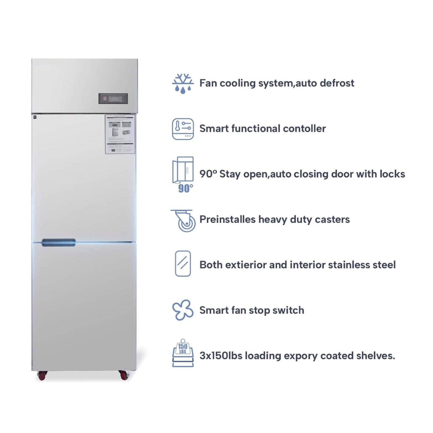24-Inch Commercial 15 Cu.Ft Stainless Steel Reach-In Refrigerator with Two Split Doors