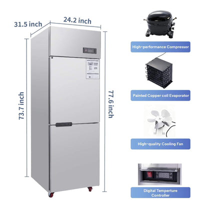 24-Inch Commercial 15 Cu.Ft Stainless Steel Reach-In Refrigerator with Two Split Doors