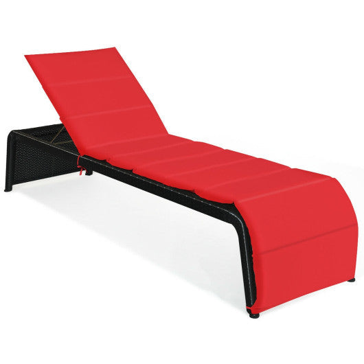 Patio Rattan Lounge Chair Back Adjustable Chaise Recliner  with Cushioned - Red