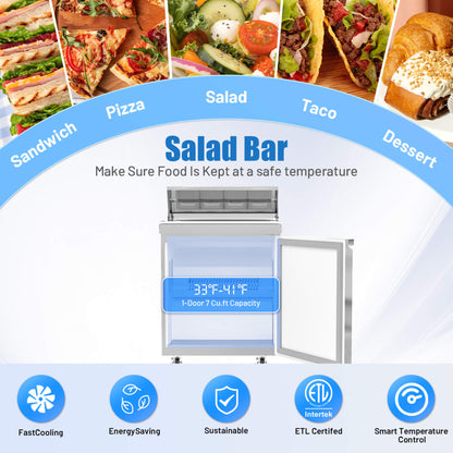 27-Inch 7.4 Cu.Ft Commercial Stainless Steel Sandwich Salad Prep Table Refrigerator