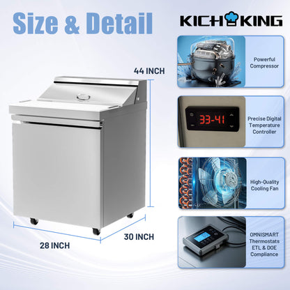 27-Inch 7.4 Cu.Ft Commercial Stainless Steel Sandwich Salad Prep Table Refrigerator
