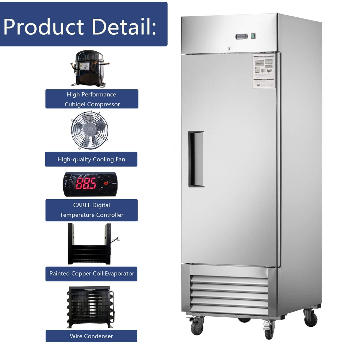 Heavy-Duty 27-Inch 8.7 Cu.Ft Commercial Upright Stainless Steel Reach-In Freezer