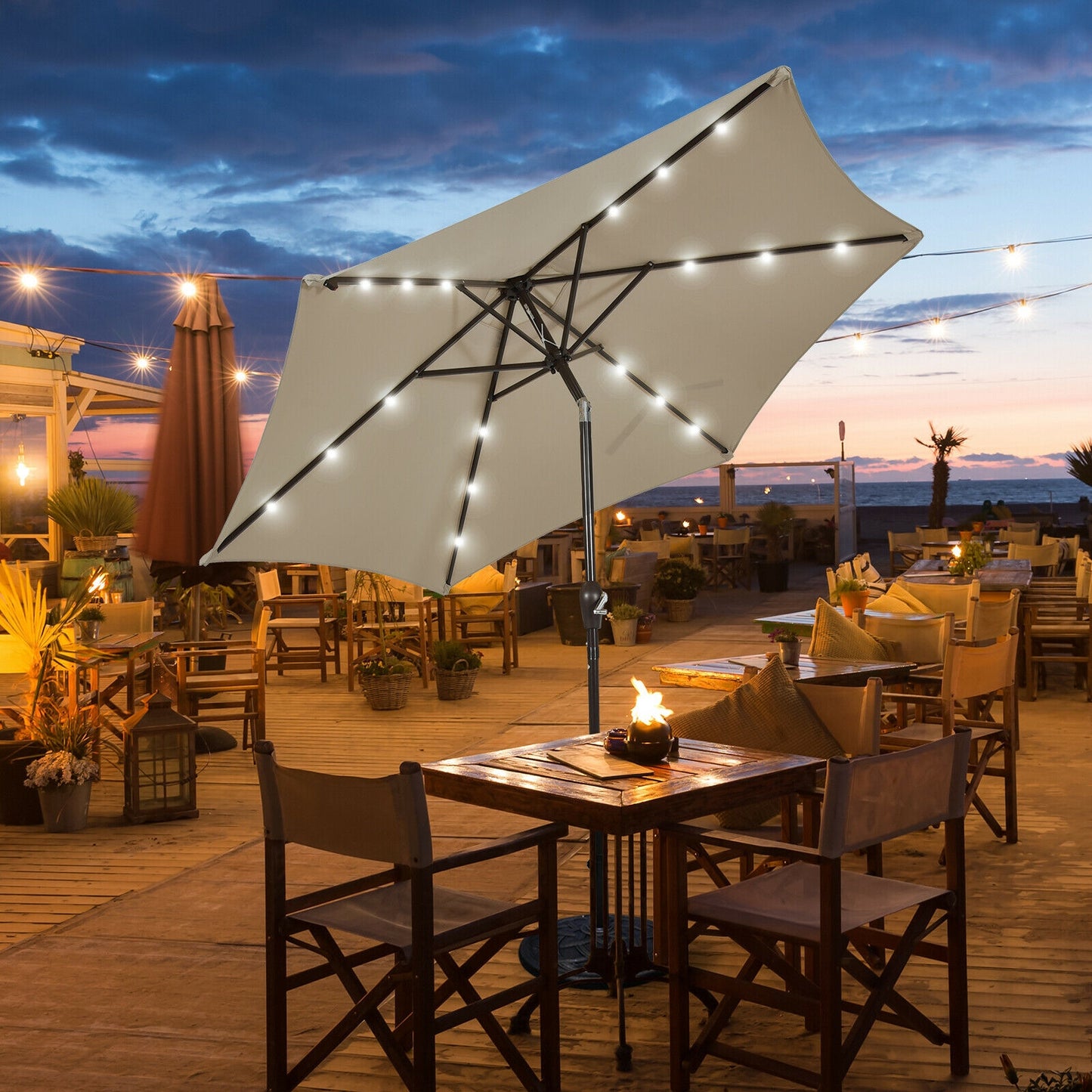 9 Feet Solar LED Lighted Patio Market Umbrella Tilt Adjustment Crank Lift-Beige