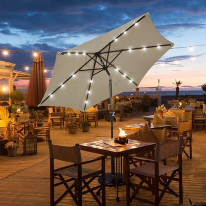9 Feet Solar LED Lighted Patio Market Umbrella Tilt Adjustment Crank Lift-Beige