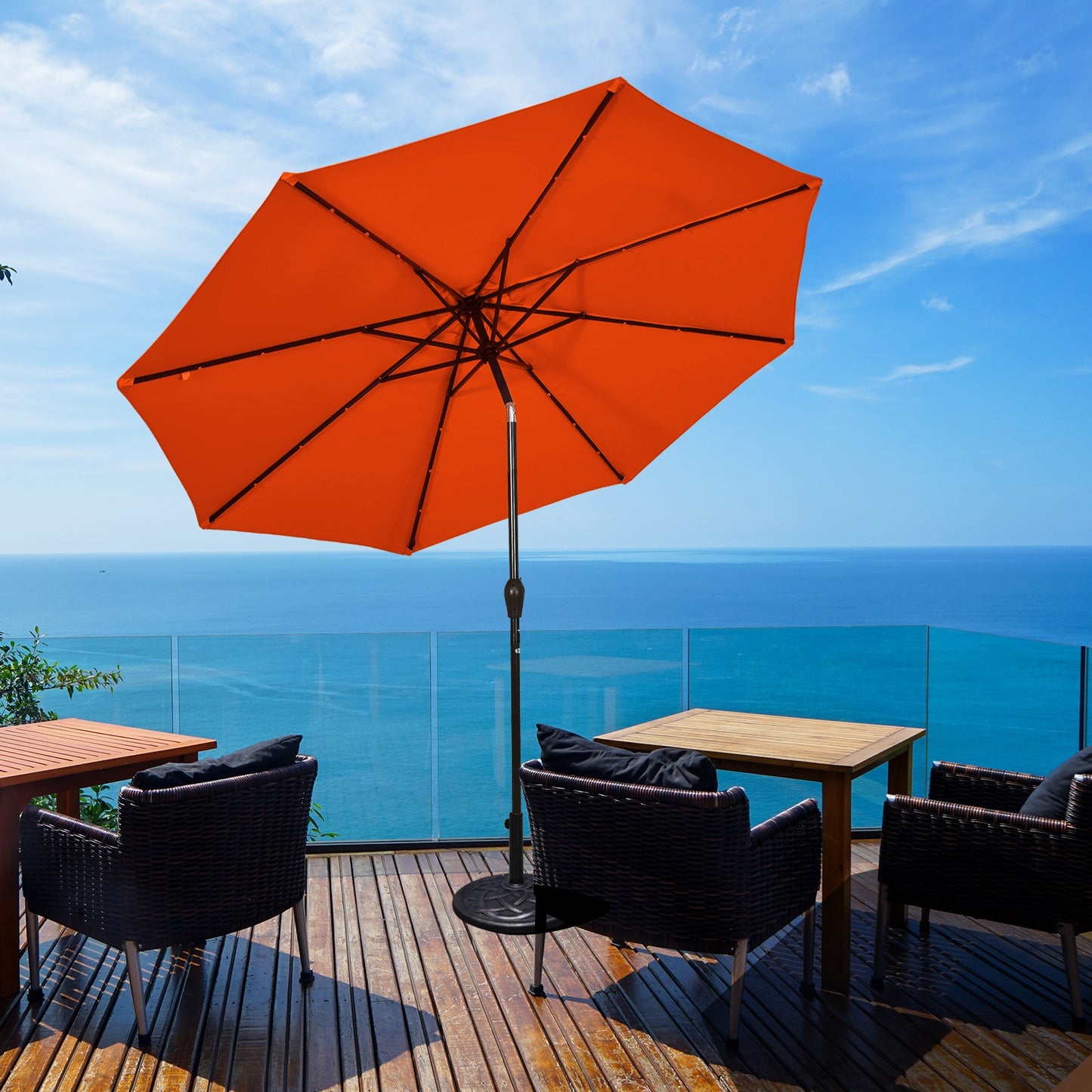 10' Solar LED Lighted Patio Market Umbrella Shade Tilt Adjustment Crank-Beige