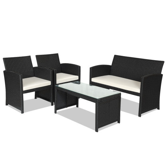 4 Pieces Rattan Patio Furniture Set with Weather Resistant Cushions and Tempered Glass Tabletop - White