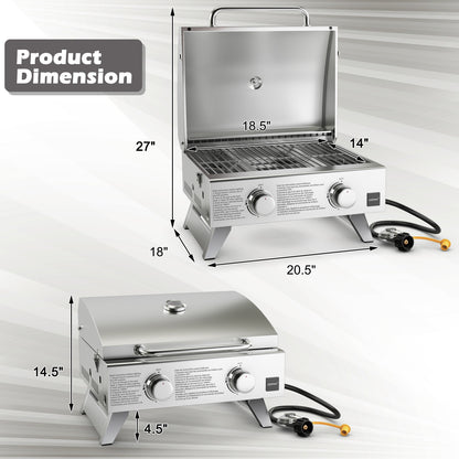 2 Burner Portable Stainless Steel BBQ Table Top Grill for Outdoors