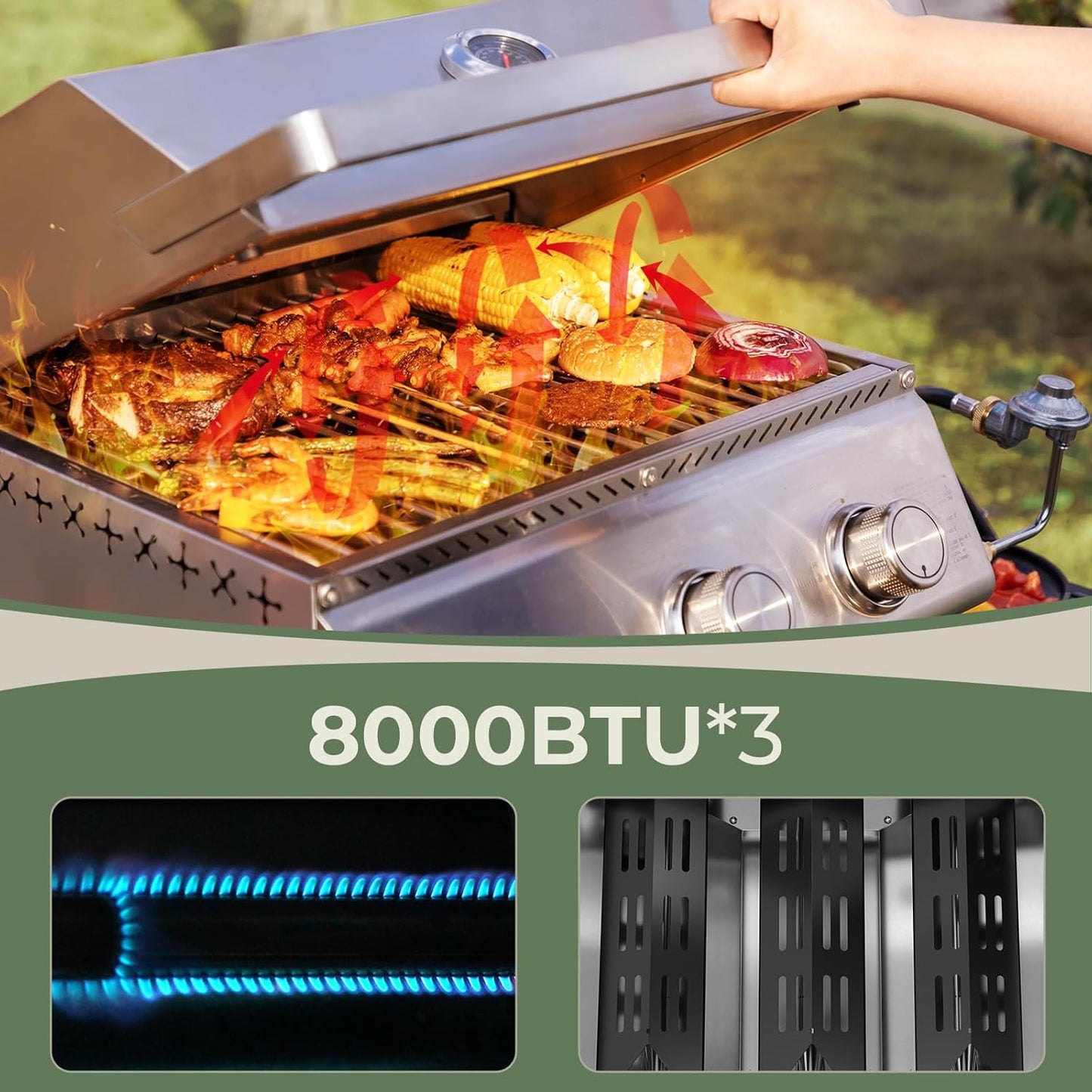 3-Burner Tabletop Portable Propane Gas BBQ Grill with Detachable Griddle Outdoor