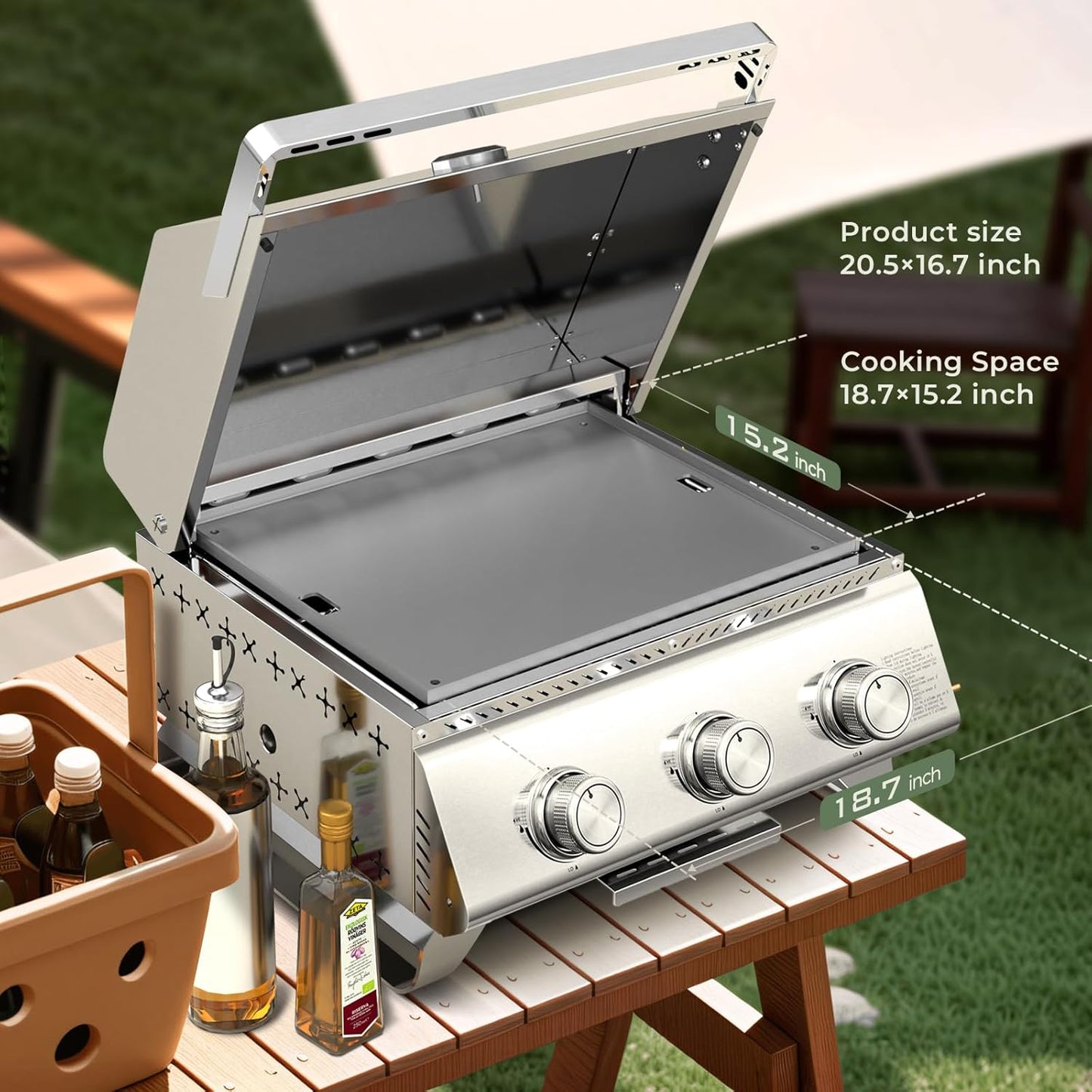 3-Burner Tabletop Portable Propane Gas BBQ Grill with Detachable Griddle Outdoor