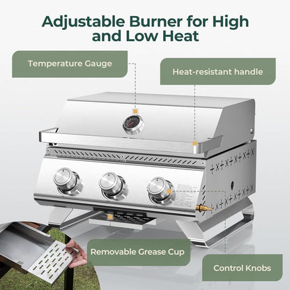 3-Burner Tabletop Portable Propane Gas BBQ Grill with Detachable Griddle Outdoor