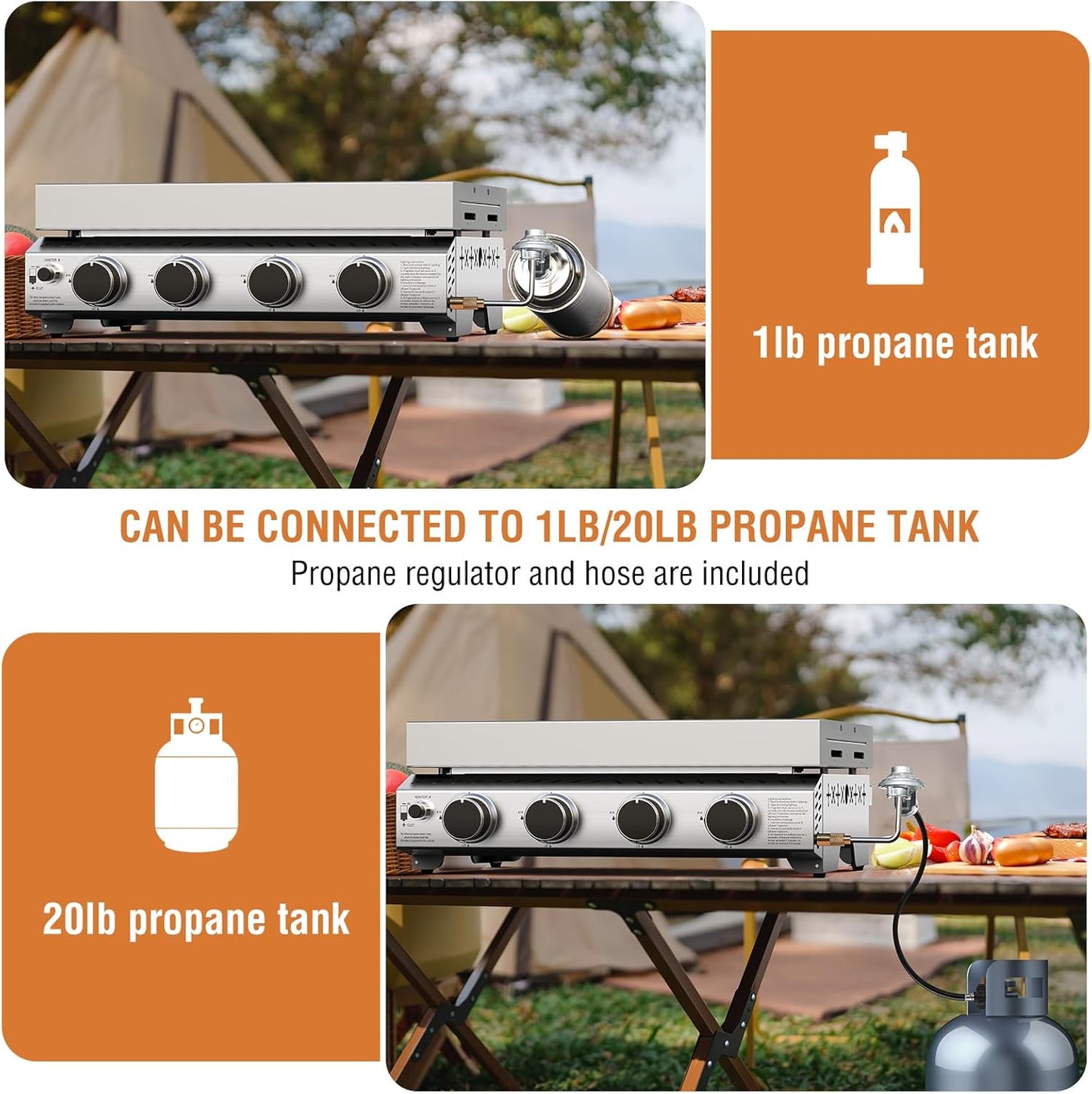 3 Burners Portable Propane Griddle 25 inch Stainless Steel Grill for Table Top