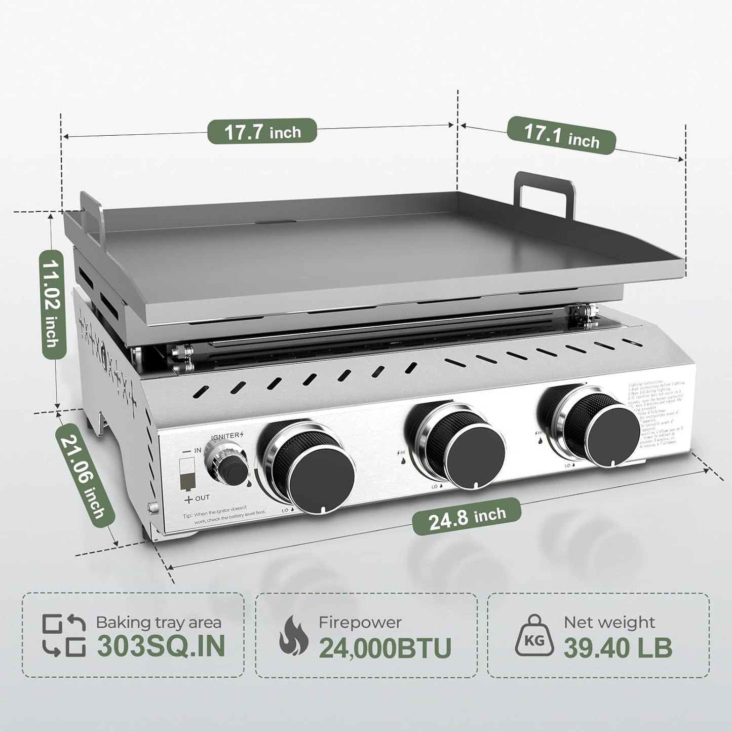 3 Burners Portable Propane Griddle 25 inch Stainless Steel Grill for Table Top