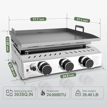 3 Burners Portable Propane Griddle 25 inch Stainless Steel Grill for Table Top