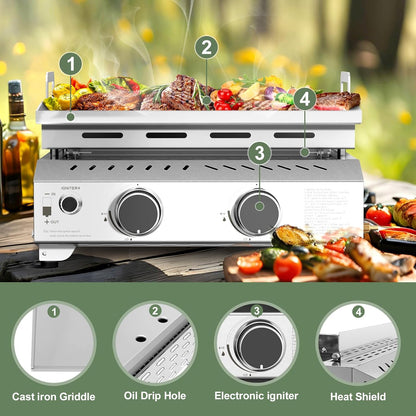 3 Burners Portable Propane Griddle 25 inch Stainless Steel Grill for Table Top