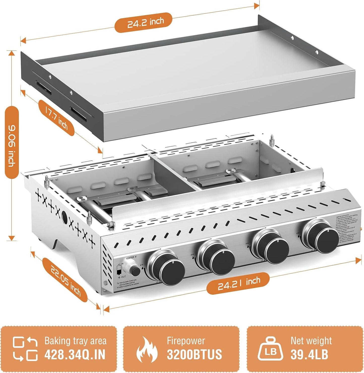 3 Burners Portable Propane Griddle 25 inch Stainless Steel Grill for Table Top