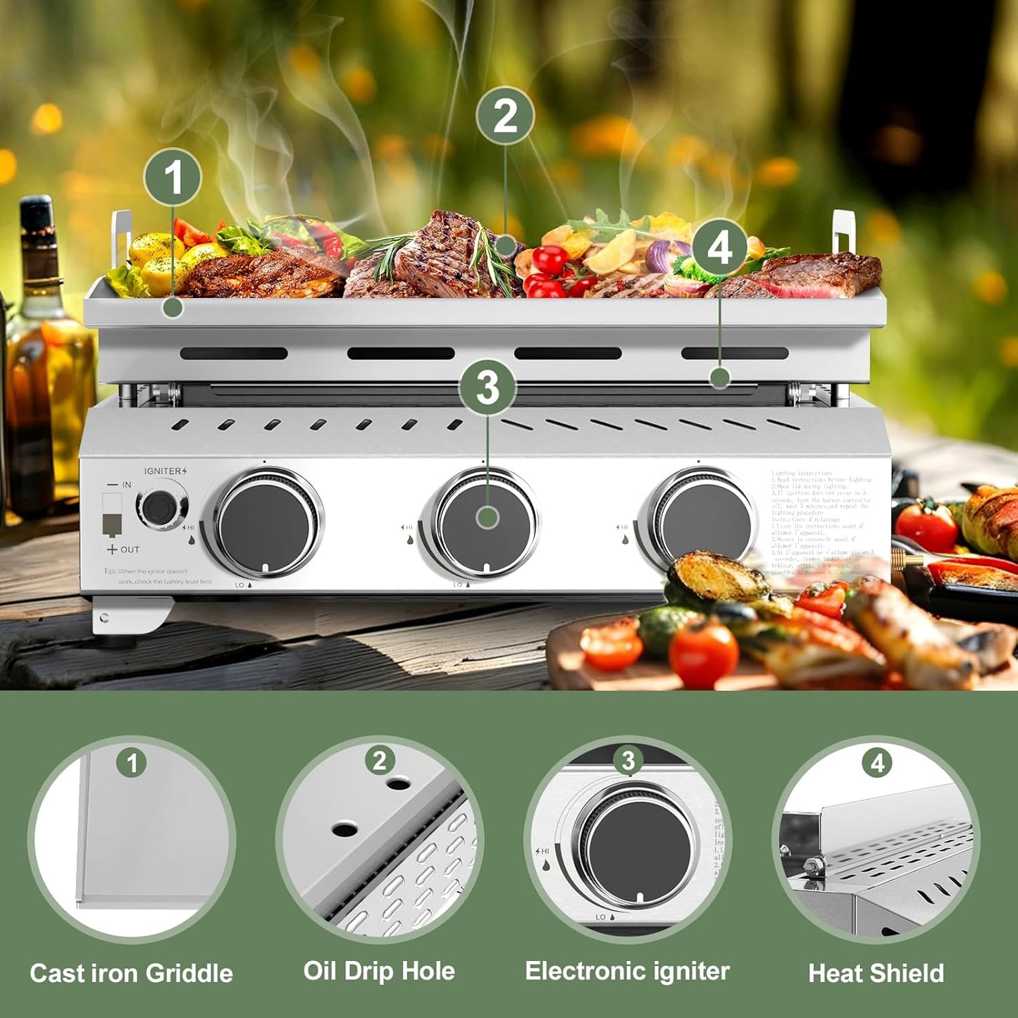 3 Burners Portable Propane Griddle 25 inch Stainless Steel Grill for Table Top