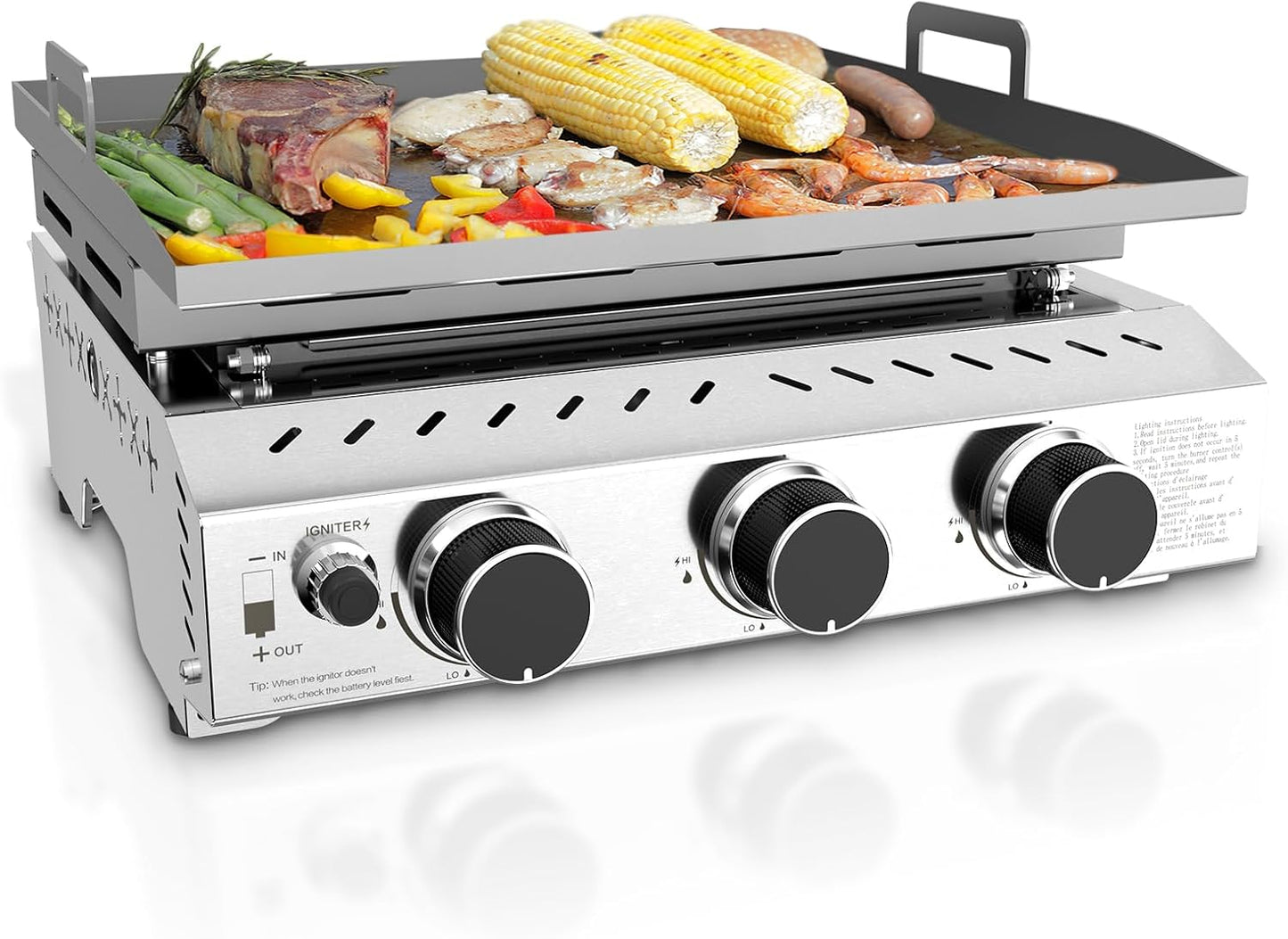 3 Burners Portable Propane Griddle 25 inch Stainless Steel Grill for Table Top
