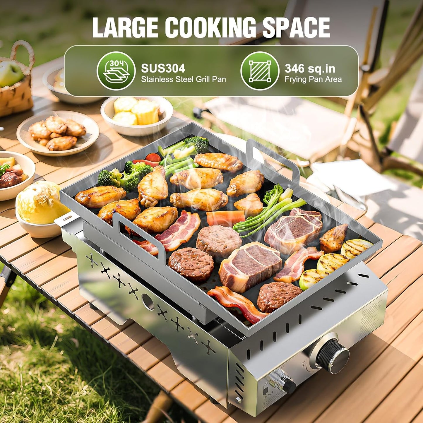 3 Burners Portable Propane Griddle 25 inch Stainless Steel Grill for Table Top