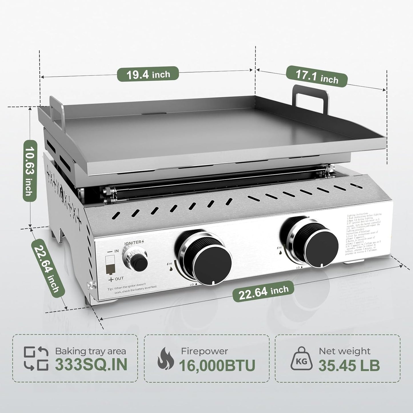 3 Burners Portable Propane Griddle 25 inch Stainless Steel Grill for Table Top