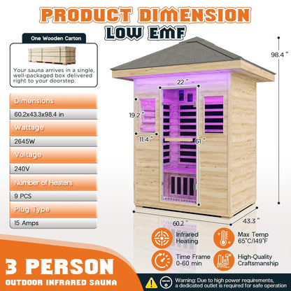 Thermora Zurich 3-Person Low EMF Spruce Wood Outdoor Infrared Sauna with Bluetooth Speakers and LED Lights