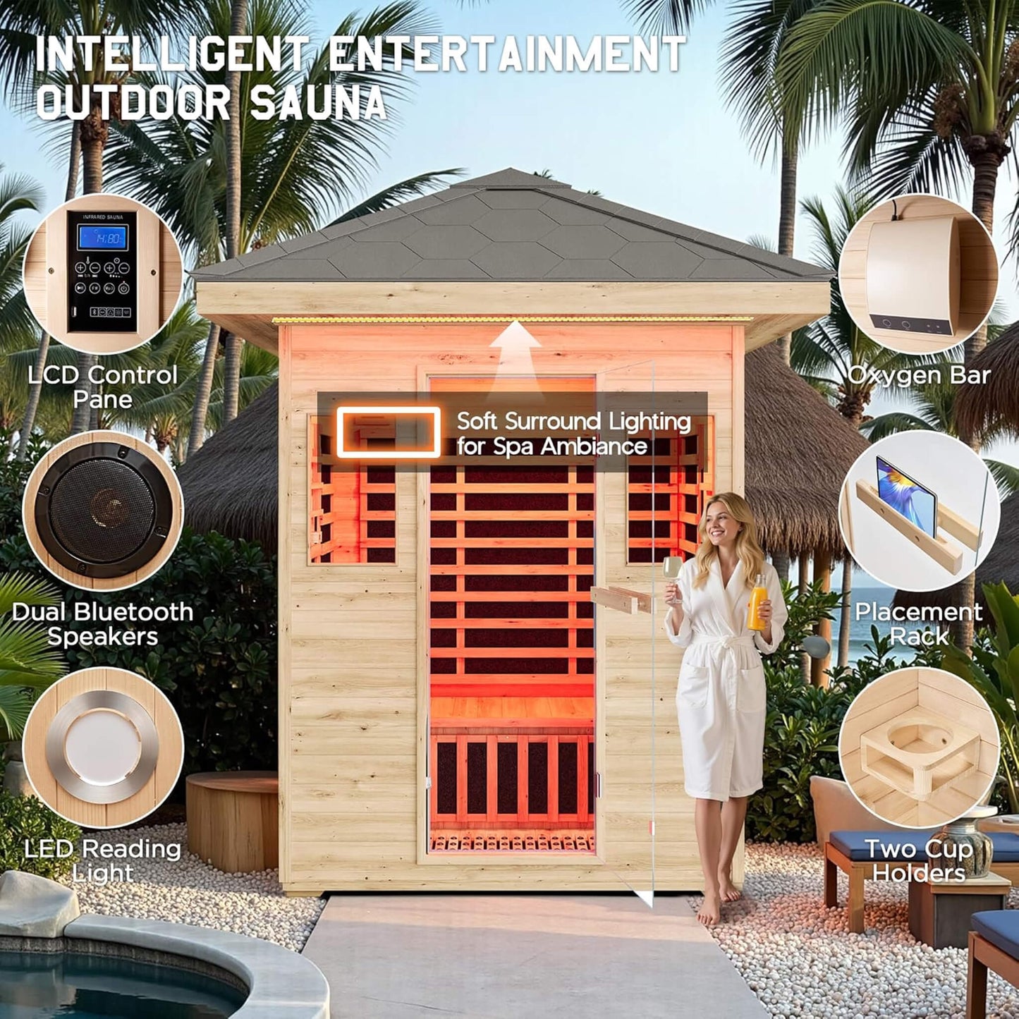 Thermora Zurich 3-Person Low EMF Spruce Wood Outdoor Infrared Sauna with Bluetooth Speakers and LED Lights