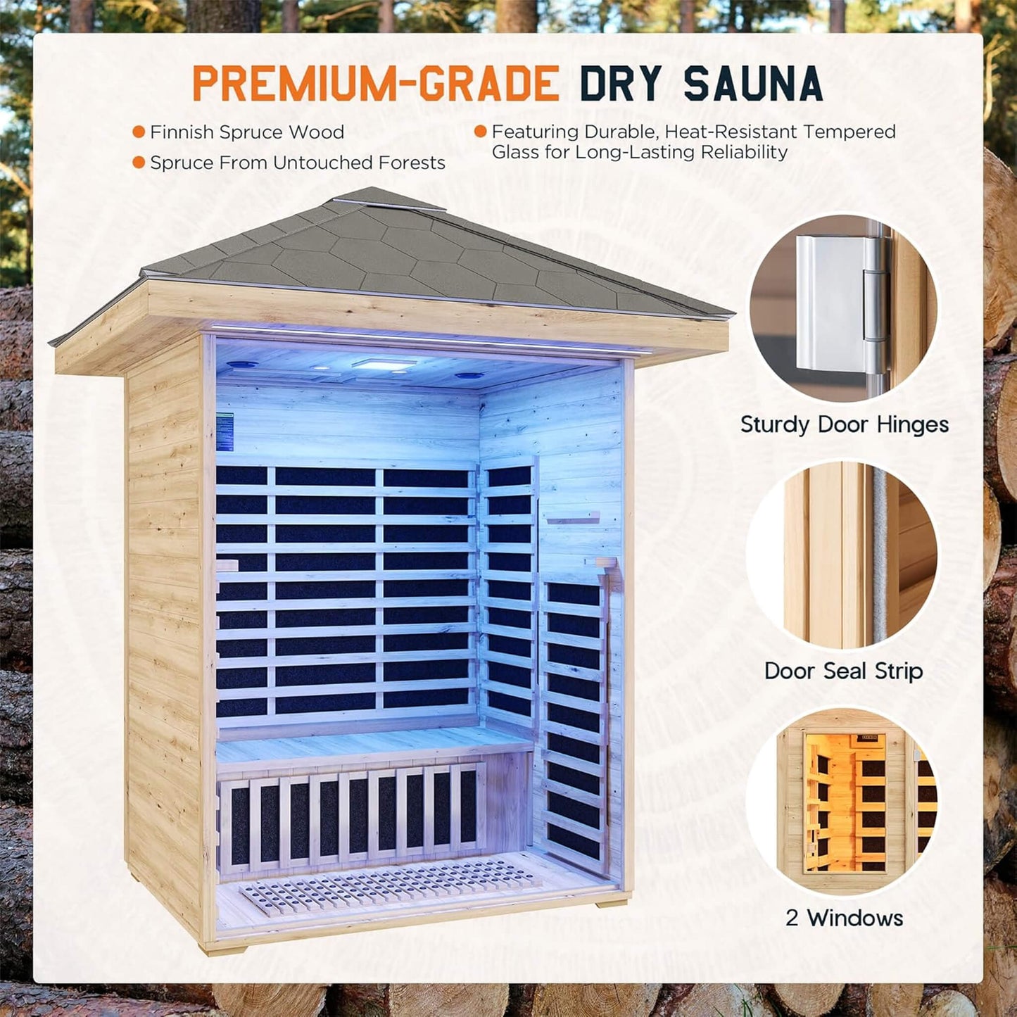 Thermora Zurich 3-Person Low EMF Spruce Wood Outdoor Infrared Sauna with Bluetooth Speakers and LED Lights