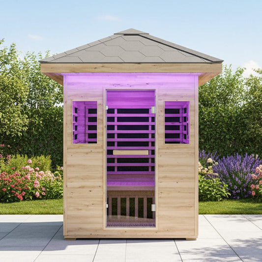 Thermora Zurich 3-Person Low EMF Spruce Wood Outdoor Infrared Sauna with Bluetooth Speakers and LED Lights