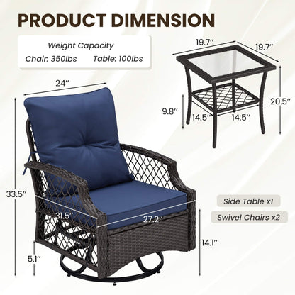 Alora 3-Piece Wicker Patio Bistro Set W/ Swivel Chairs and Table