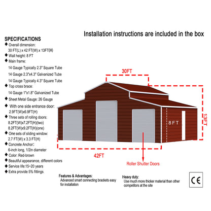 30' x 42' FT Heavy-Duty All-Weather 3-Car Garage Galvanized Steel Storage Shed