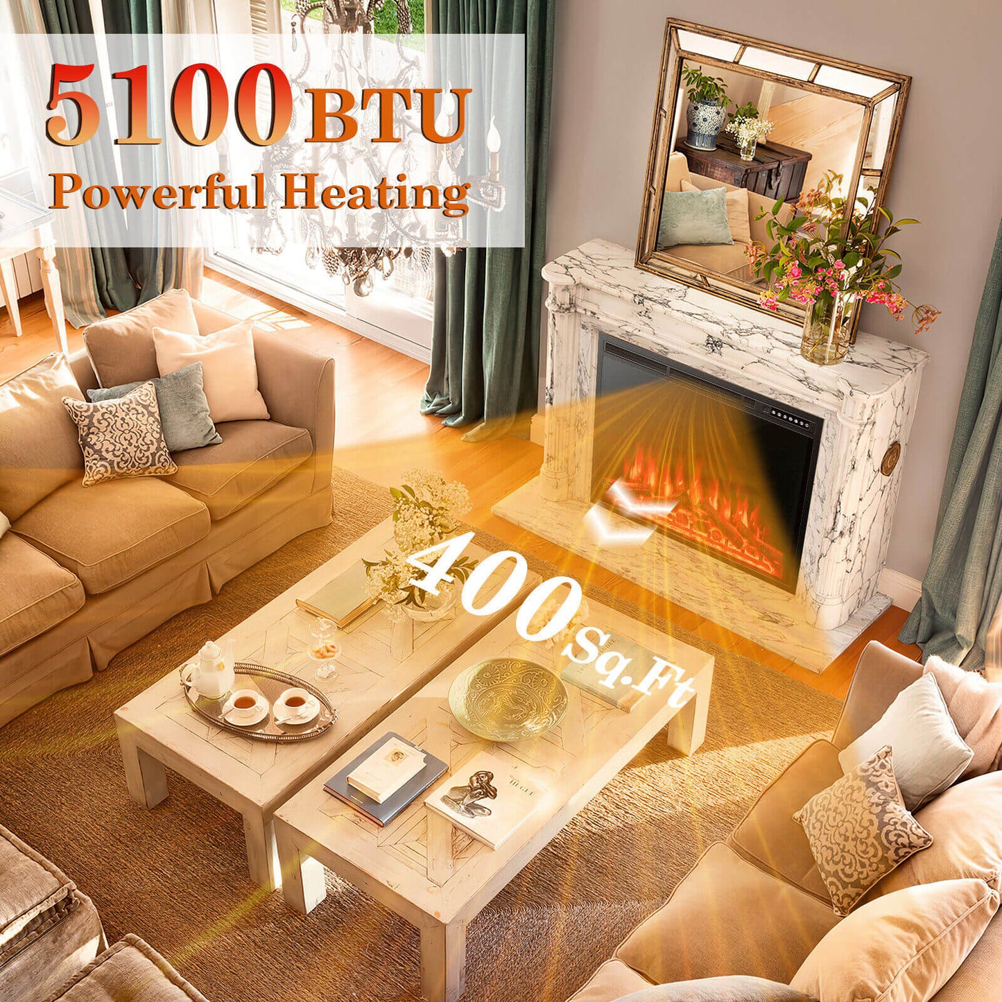 34"-37" Inch Electric Fireplace Recessed with Adjustable Flames