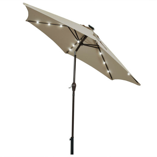 9 Feet Solar LED Lighted Patio Market Umbrella Tilt Adjustment Crank Lift - Tan