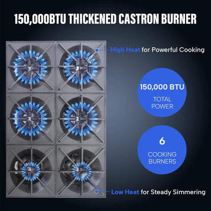 Heavy-Duty 36-Inch Commercial 150K BTU 6-Burner Stainless Steel Countertop Natural Gas And Propane Range