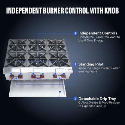 Heavy-Duty 36-Inch Commercial 150K BTU 6-Burner Stainless Steel Countertop Natural Gas And Propane Range
