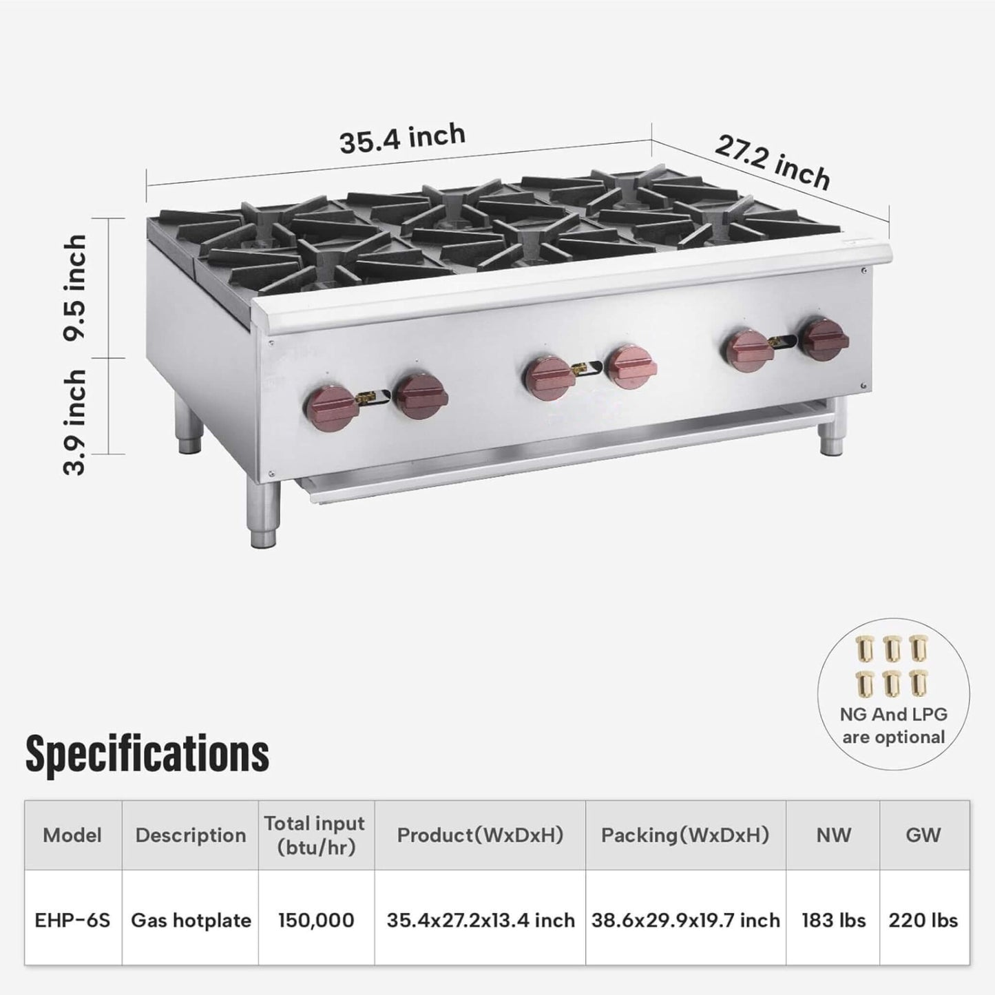 Heavy-Duty 36-Inch Commercial 150K BTU 6-Burner Stainless Steel Countertop Natural Gas And Propane Range