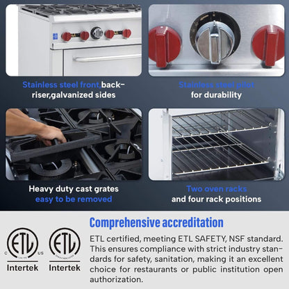 36-Inch Commercial 210K BTU 6-Burner Stainless Steel Freestanding Gas Range