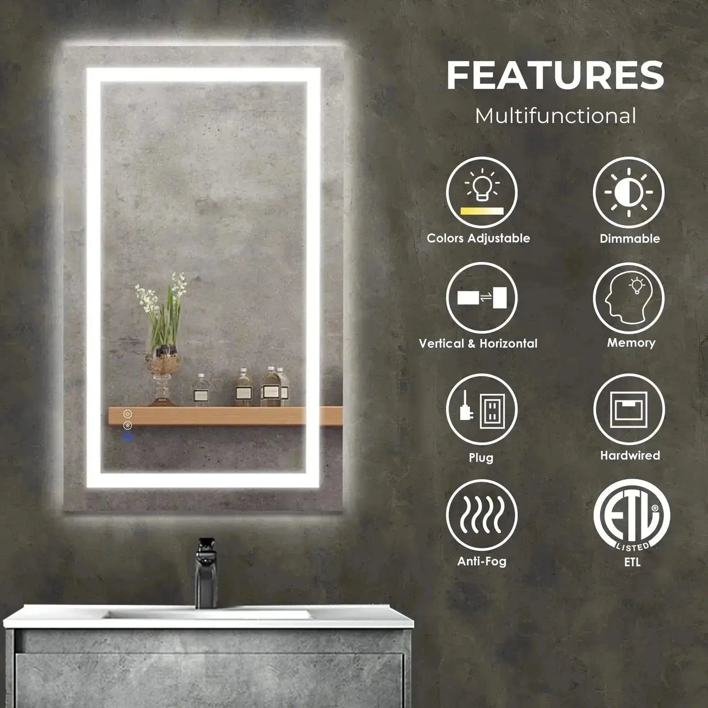 36 x 24  Inch Center Glow LED Bathroom Mirror