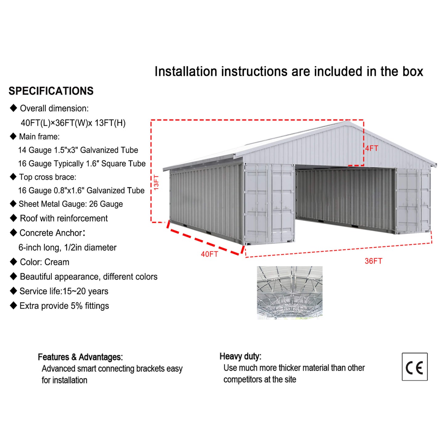 36' x 40' FT Heavy-Duty Weather-Resistant Galvanized Steel Container Roof Kit [No Containers]
