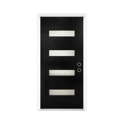 36" x 80" Inch Nuvia Contemporary Frosted Glass Fiberglass Left Inswing Front Door with 6-9/16 White Vinyl Frame